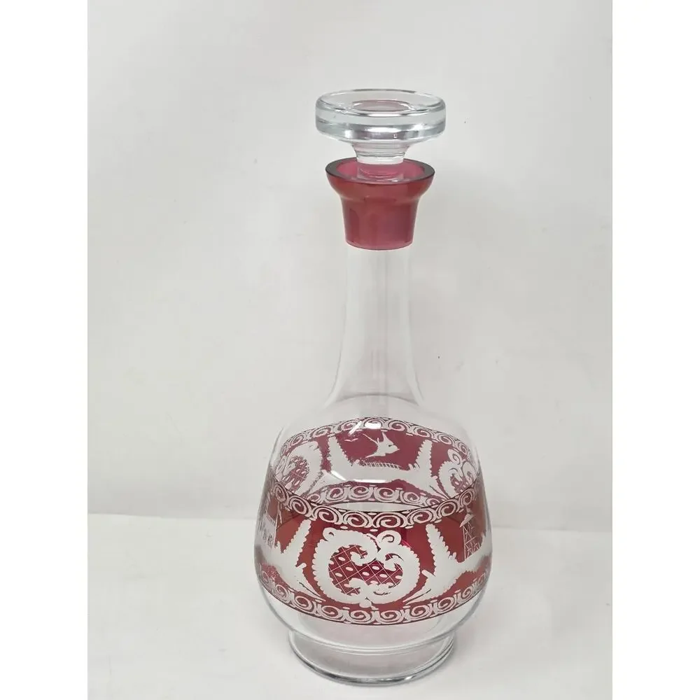 Vintage Bohemian Cranberry Glass Decanter w/ Etched Decoration 12